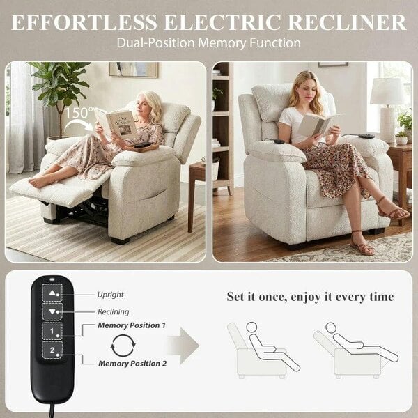 Power Recliner Armchair with Massage and Heat, Electric Reclining Chair with Wide Spring Seat, Cream White