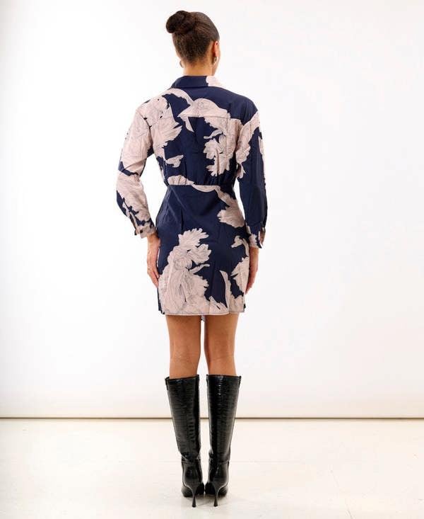 Navy Leaf Tie Front Shirt Dress