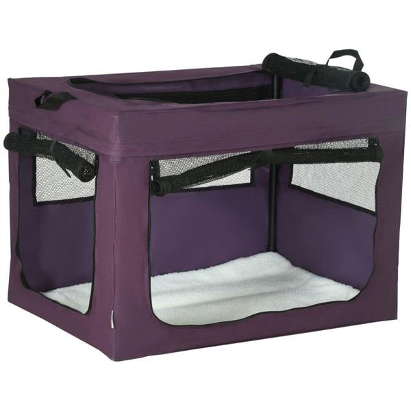 Purple fabric pet carrier with zip mesh windows and removable faux lamb fleece cushion