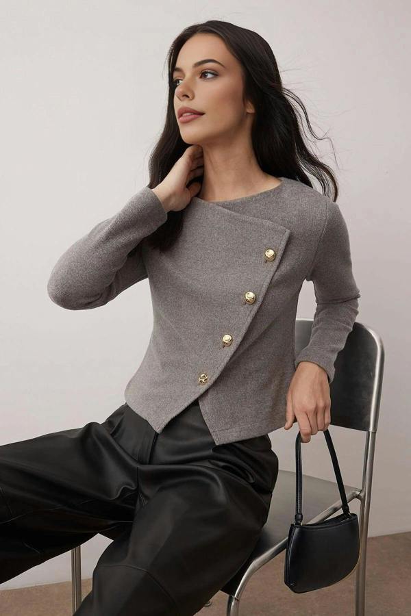 WOVCOR Asymmetric Button Detail Regular Knit Blouse