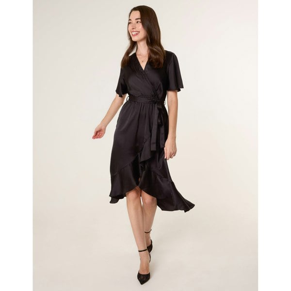 Blue Vanilla Satin Wrap Frill High To Low Midi Dress