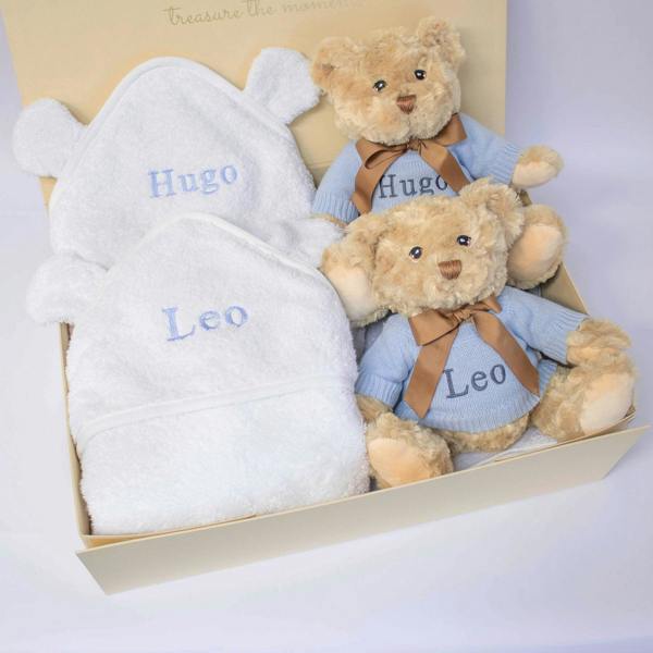 The Baby Gifting Company Twin Boys Teddy and Towel Gift Set