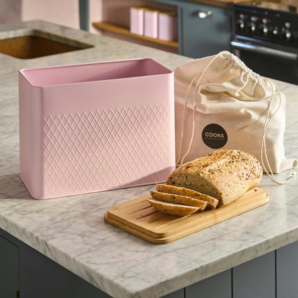 Cooks Professional Embossed Bread Bin, Linen Bag and Bamboo Board Set | Pink