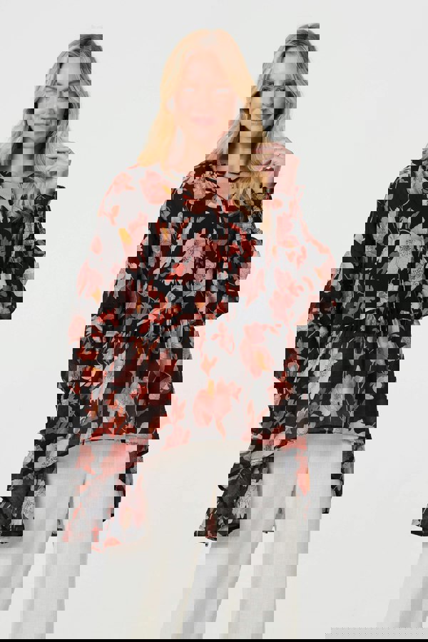 Black | Floral Long Sleeve Longline Tunic Blouse
