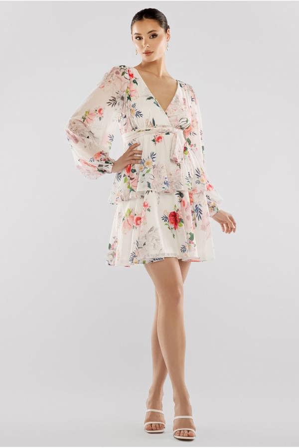 Sustainable Tiered Wrap Floral Mini Dress - White Floral DR4655BBS