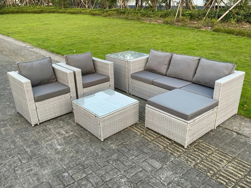 Fimous 6 Seat Light Grey Lounge Outdoor PE Rattan Garden Furniture Set Wicker Sofa Set Square Coffee Table Armchair