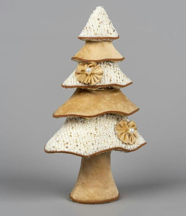 32cm Gold Christmas Tree Figurine with Velour, Sequin and Pearl Flower Details image 1