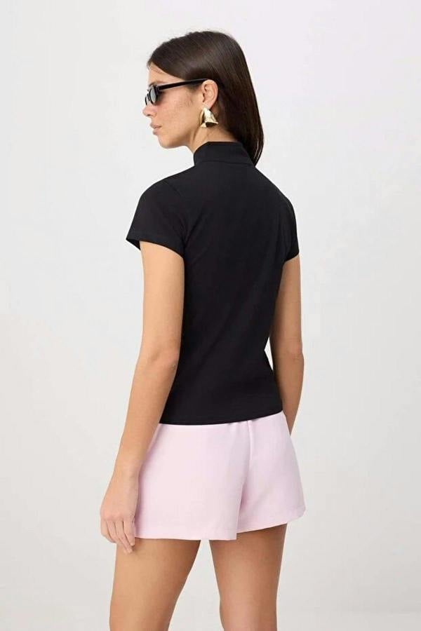 Striped Regular Fit Keyhole Neck Short Sleeve Cotton Knit Blouse