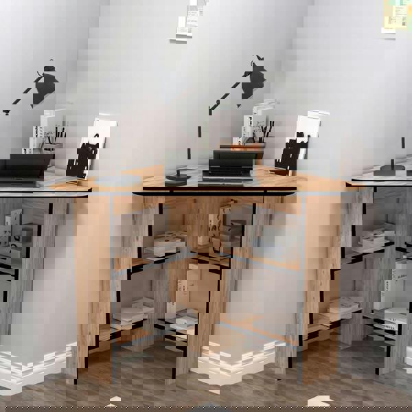 Destina Home Corner Computer Desk with Shelves-Gredos