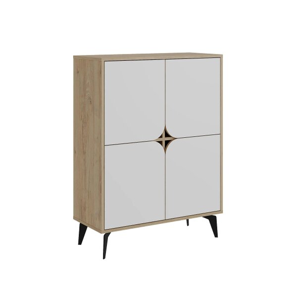 Decortie Modern Spark Cabinet 4-Doors Storage Engineered Wood Display Unit with Black Metal Legs 90(W)cm Oak - Grey and Oak