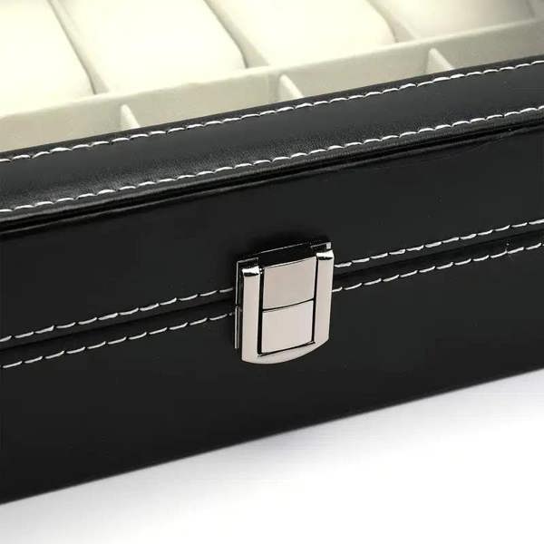 Dyzi 12 Slot Faux Leather Watch Box Transparent Lid Velvet Lined Organiser