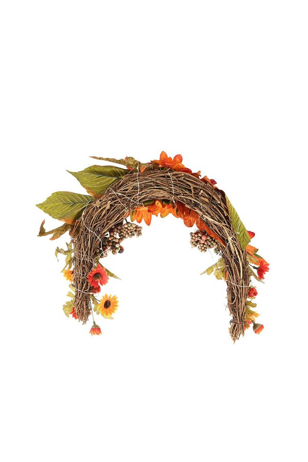 Living and Home Artificial Sunflower Swag Wreath with Pumpkins Halloween Hanging Decoration with Light