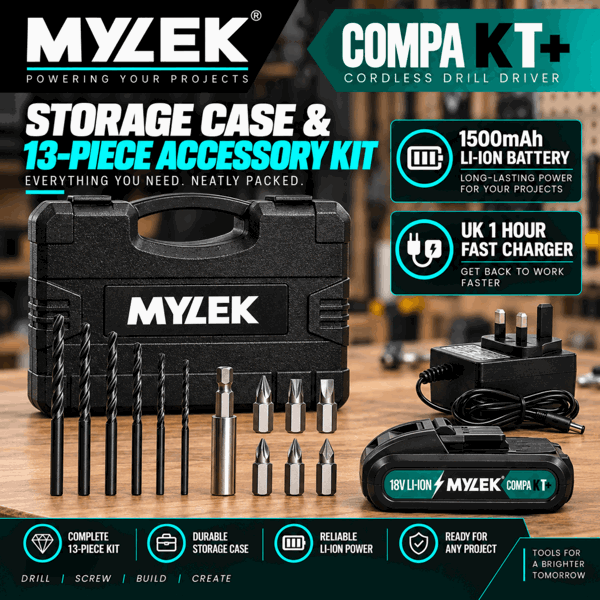 Mylek 18V Cordless Li-Ion Drill With Accessory Kit and Carry Case