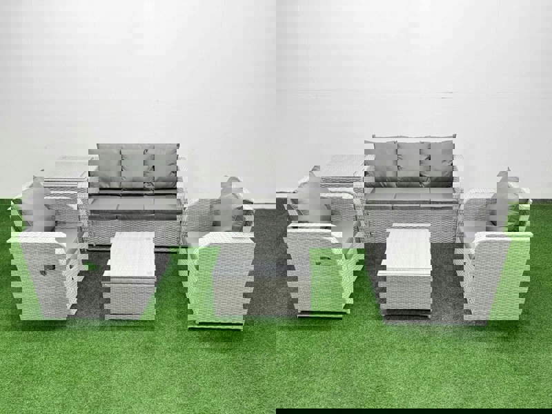 Fimous PE Rattan Garden Furniture Set Reclining Chair Sofa Lounge Sofa Set Square Coffee Table Side Table Light Grey