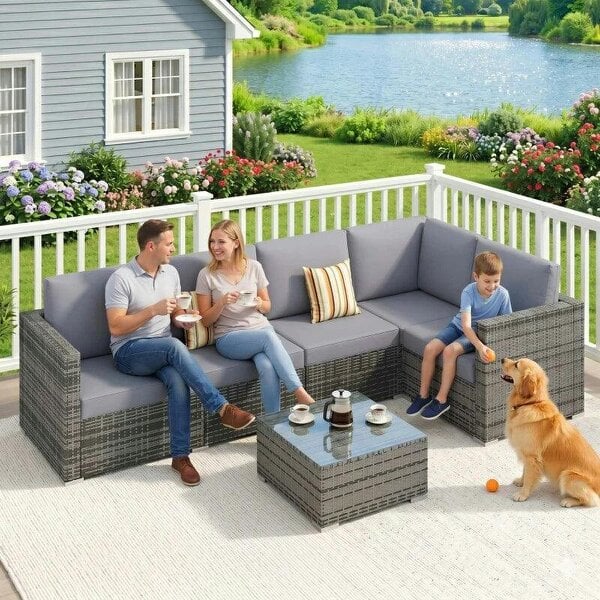 Bobobiy Luxury 5 Seater Rattan Garden Set, 4 Pieces Outdoor Patio Conversation Set with Wide Seats, 220gsm Polyester Cushions, Grey