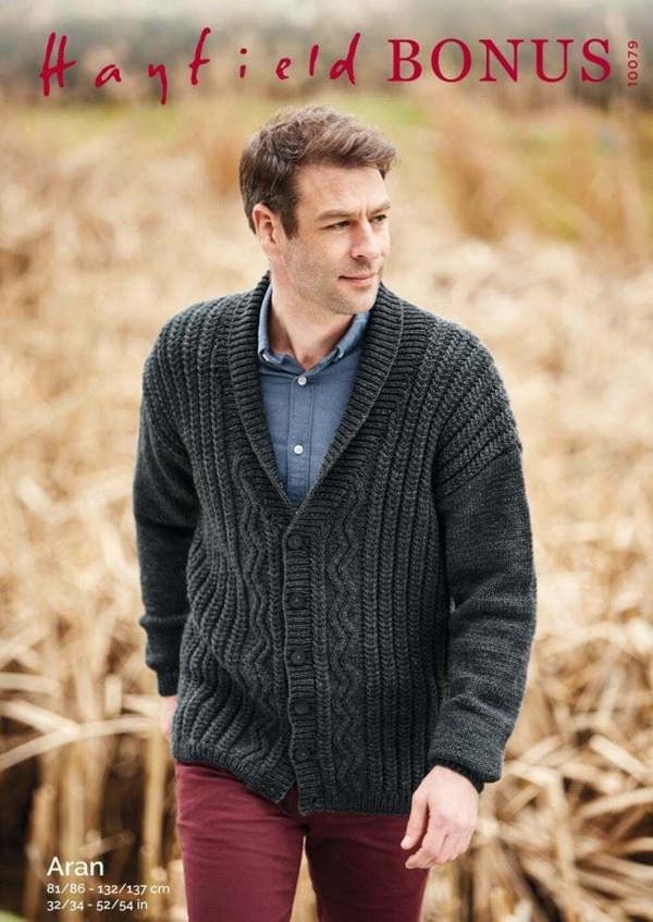 Hayfield Bonus Aran Knitting Pattern 10079, Cardigans for Men, 32 - 54 Inches