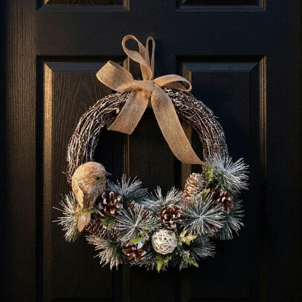 Garden Greatness Festive Snowy Tipped Bird and Cone Half Wreath