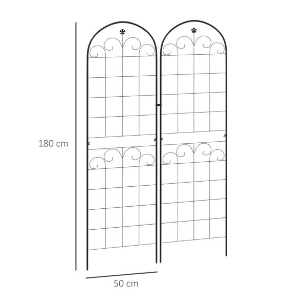 Black metal trellis set of 2 with arched grid panels and scrollwork, 180 cm height