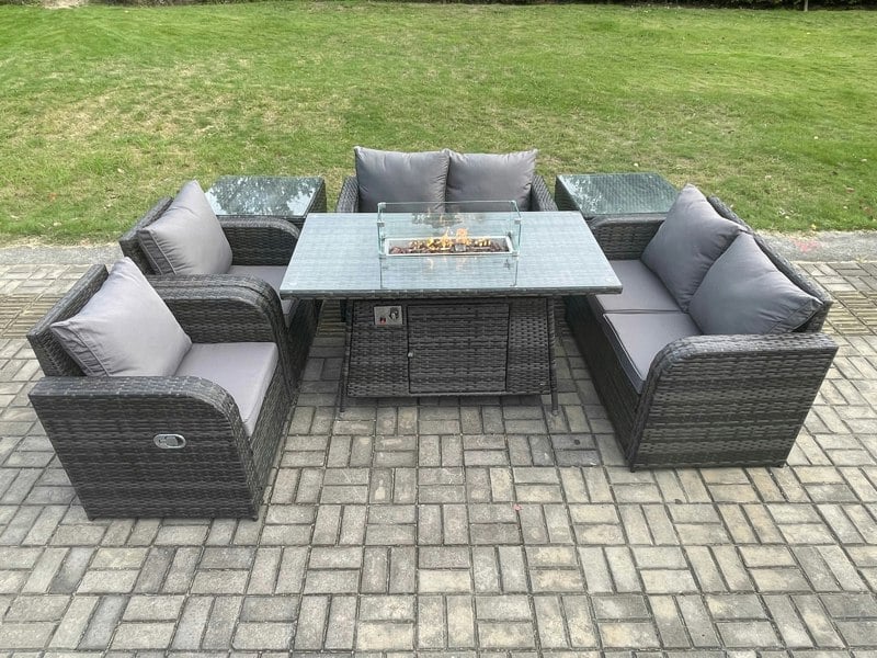 Fimous 6 Seater Rattan Garden Furniture Set Propane Gas Fire Pit Table and Sofa Chair set with 2 Side Tables