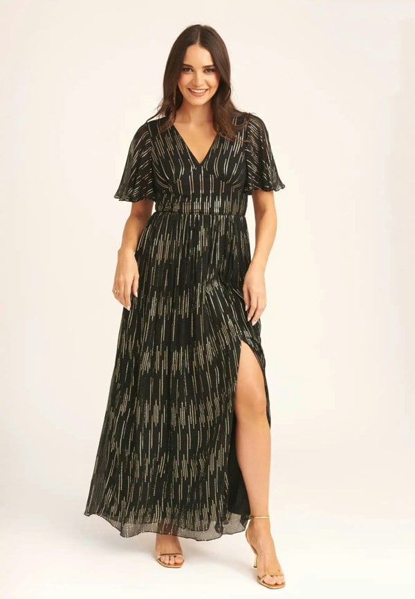 Gini London Black Stripe Foil Angel Sleeves Maxi Dress