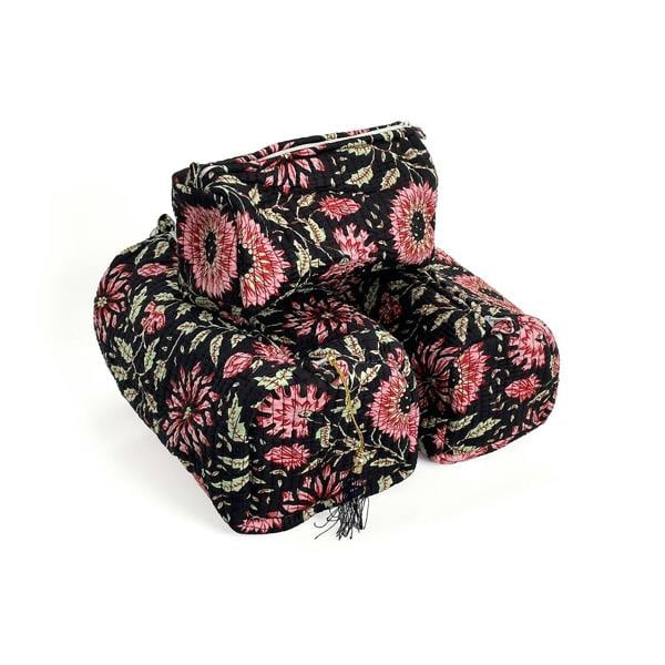 Hayley & Co Black and Pink Floral Block Print Cotton Washbag, Make Up Bag, Pencil Case with Waterproof Lining - Pink Sunflower Print