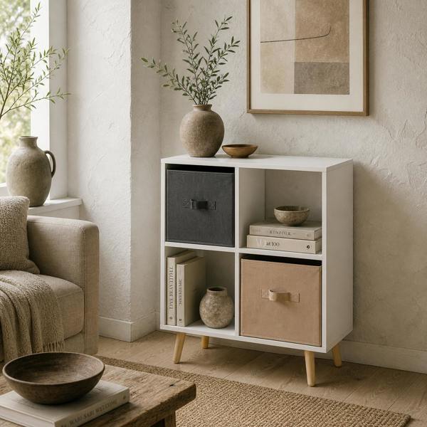 Wyld Haus Momo Wooden Neutral Finish 4 Cube Storage Unit With 2 Fabric Drawers