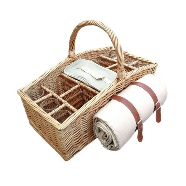 Wicker 4 Bottle Picnic Basket with Glasses and Blanket