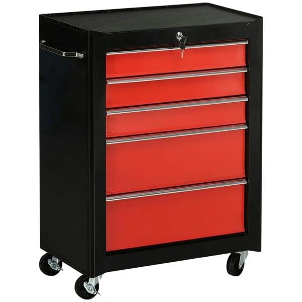 Lockable steel tool chest with 5 red drawers, black frame, side latch and caster wheels