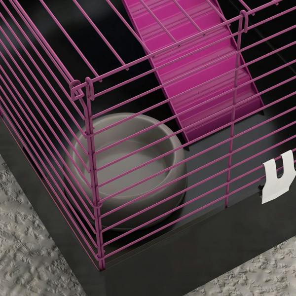 Corner view of small animal cage with purple bars and black base tray