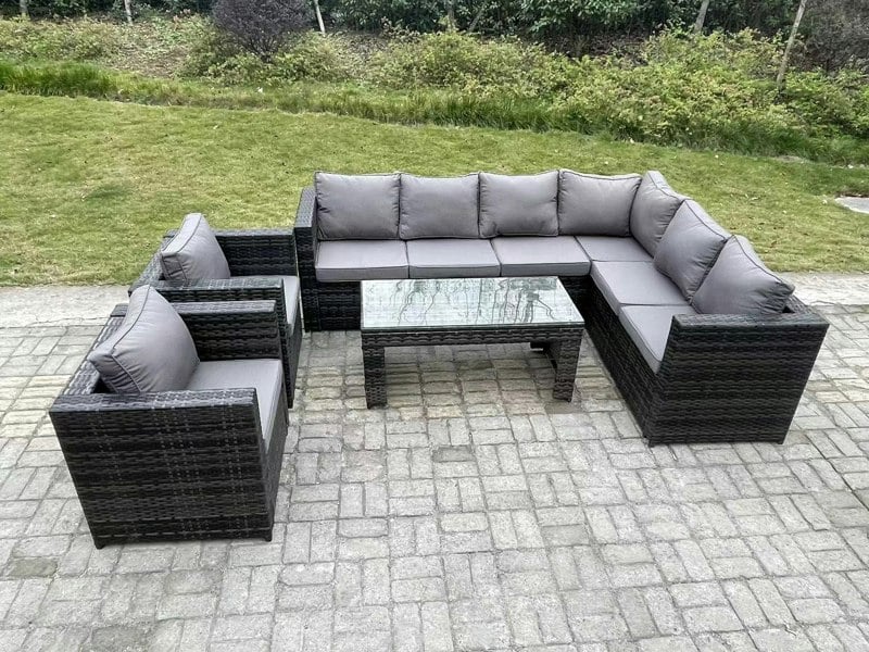 Fimous 8 Seater Rattan Corner Sofa Lounge Sofa Set With Rectangular Coffee Table 2 Arm Chair Dark Grey Mixed Right Hand
