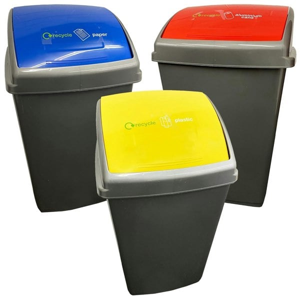Set Of 3 Grey 50L Commercial Recycling Bins With Colour Coded Lids