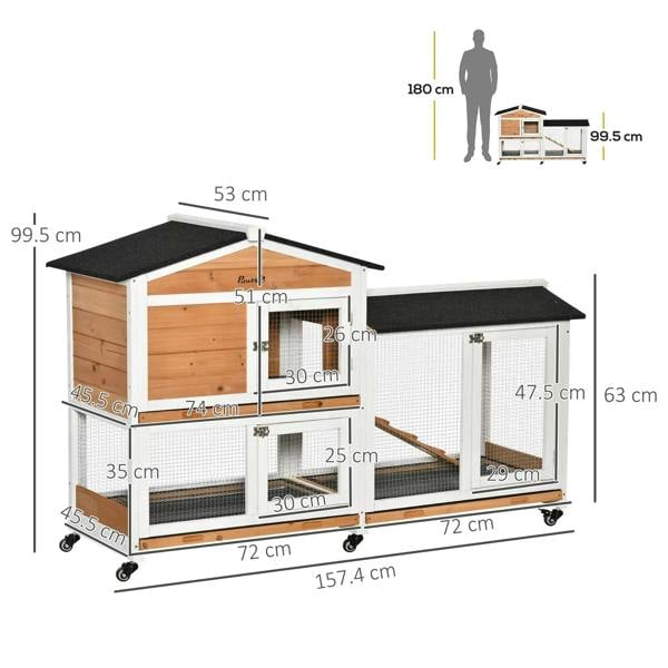 2-tier rabbit hutch with run, white mesh and wood, black roof, size diagram overlay