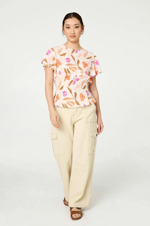 Orange | Abstract Flare Sleeve Peplum Blouse