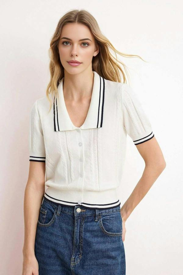 WOVCOR Polo Collar Buttoned Short Sleeve Knitted Blouse
