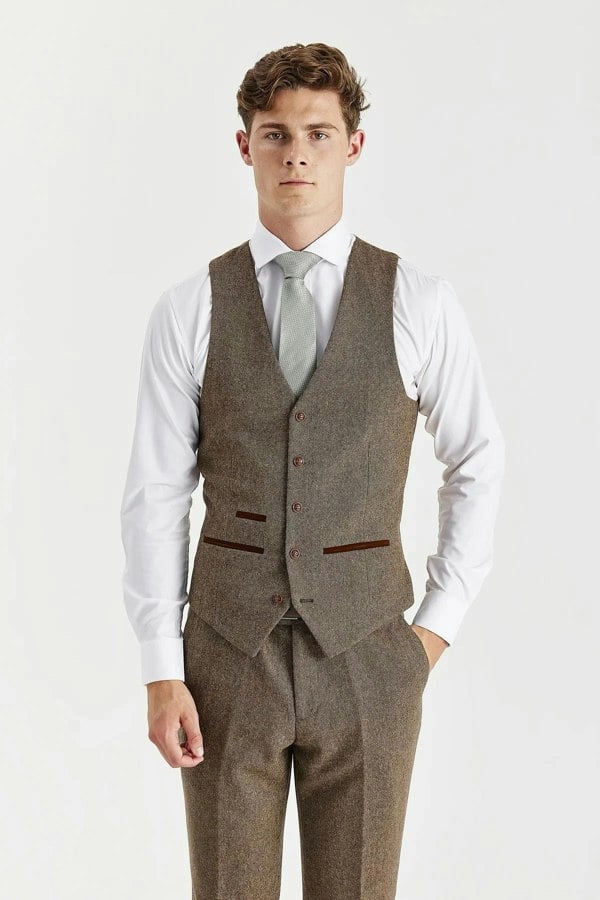 Paul Andrew Oscar - Men's Brown Wool Blend Tweed Waistcoat