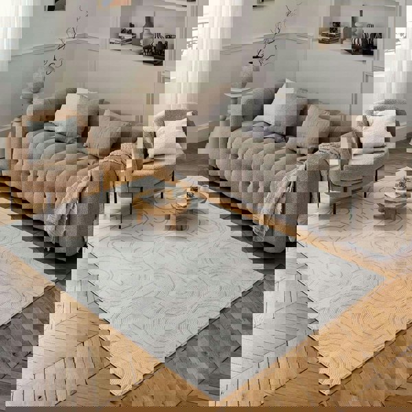 Living Room rug, grey-cream colours, geometric, practicality in mind, the rug is anti-allergic.