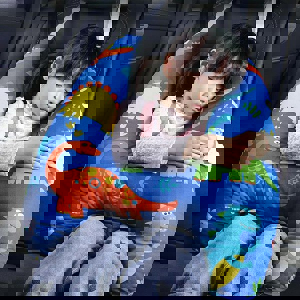 anycoplus Anypillow Car Travel Pillow UShape Blue Dinosaur Pattern Children Travel Pillow Cushion for Car Seat, Safety Neck Pillow for Kids