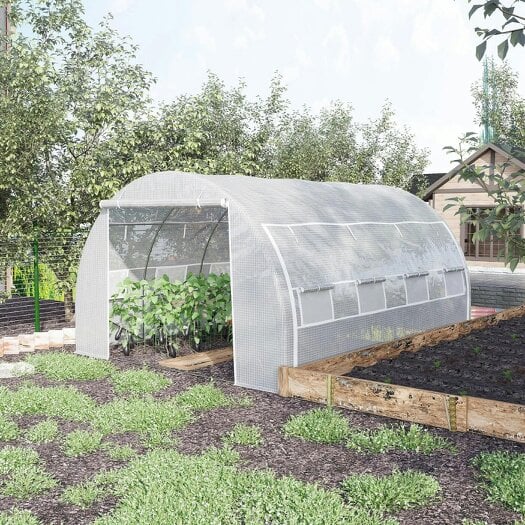 Bobobiy 4 x 3 x 2 m Polytunnel Greenhouse with Roll-up Side Walls, Walk-in Grow House Tent with Steel Frame, Zipped Door and 12 Mesh Windows, White