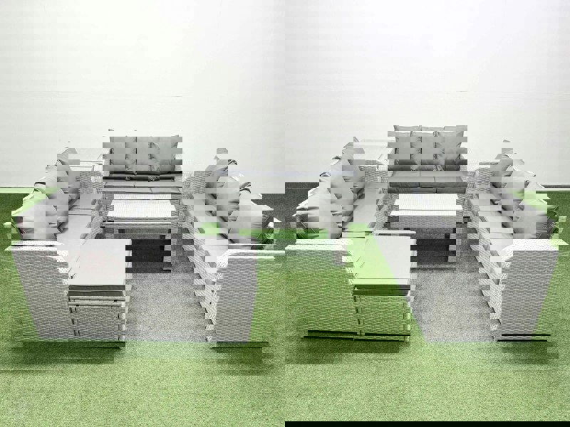 Fimous PE Rattan Lounge Sofa Set 10 Seater Outdoor Garden Furniture Set with Oblong Coffee Table 3 Seater Sofa Big Footstool Side Table Light Grey