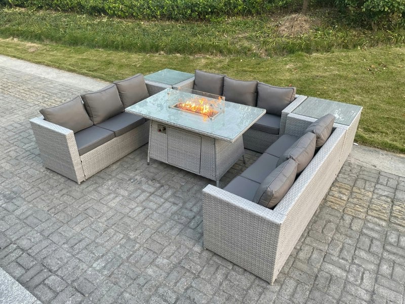 Fimous Rattan Outdoor Garden Furniture Set With Gas Firepit Table, 3 Sofas, 2 Side Tables - 9 Seater - Light Grey