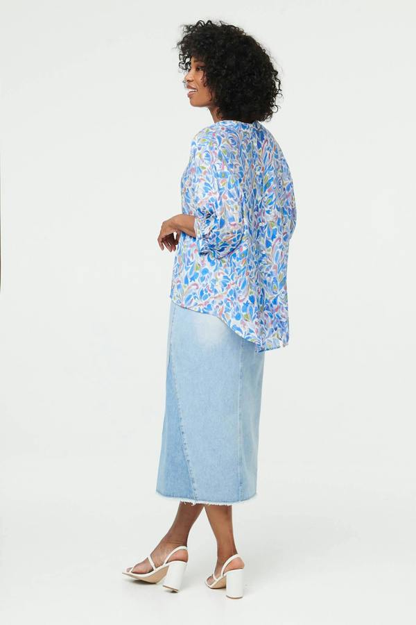 Blue | Printed 1/2 Puff Sleeve Curve Hem Blouse