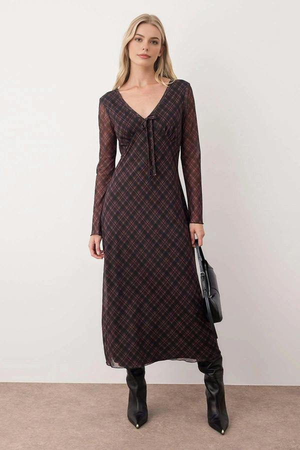 WOVCOR Argyle Printed Maxi Knit Dress with Tie Detail