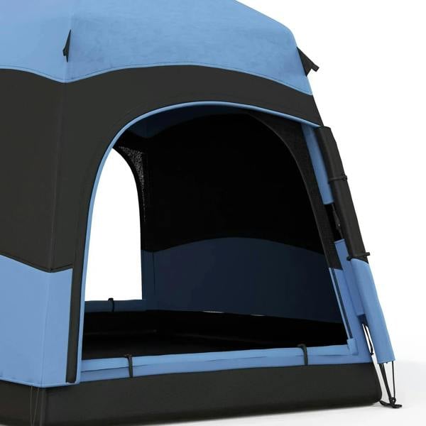 Blue and black hexagon camping tent with front door opening and attached side support