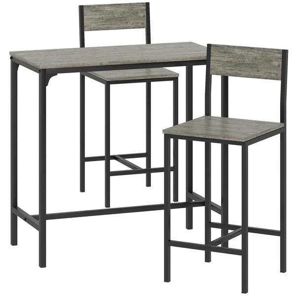 Industrial bar table set with 2 stools, charcoal grey tops, metal frames, backrests