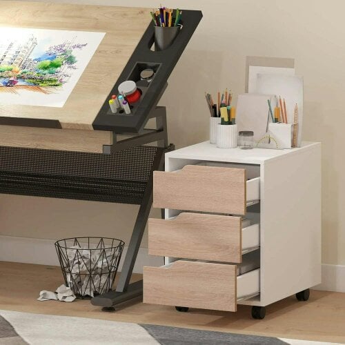 Bobobiy 3 Drawer Mobile File Cabinet, Vertical Filing Cabinet with Wheels for Home Office, Oak