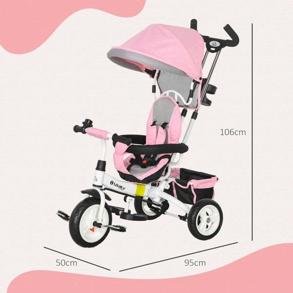 Pink kids push trike with canopy, side view with size measurements