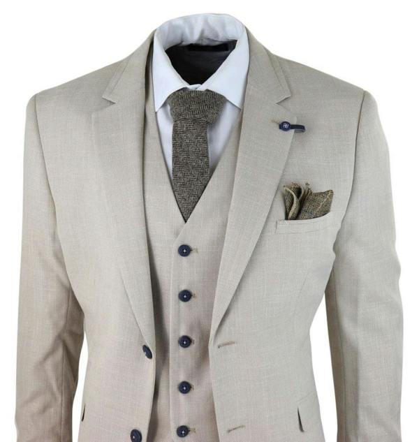 House of Cavani Mens 3 Piece Cream Linen Summer Spring Classic Suit
