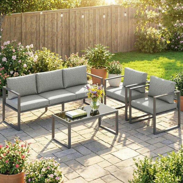 4 Piece Outdoor Garden Furniture Set, Patio Furniture with 3-Seater Sofa, Armchairs and Coffee Table