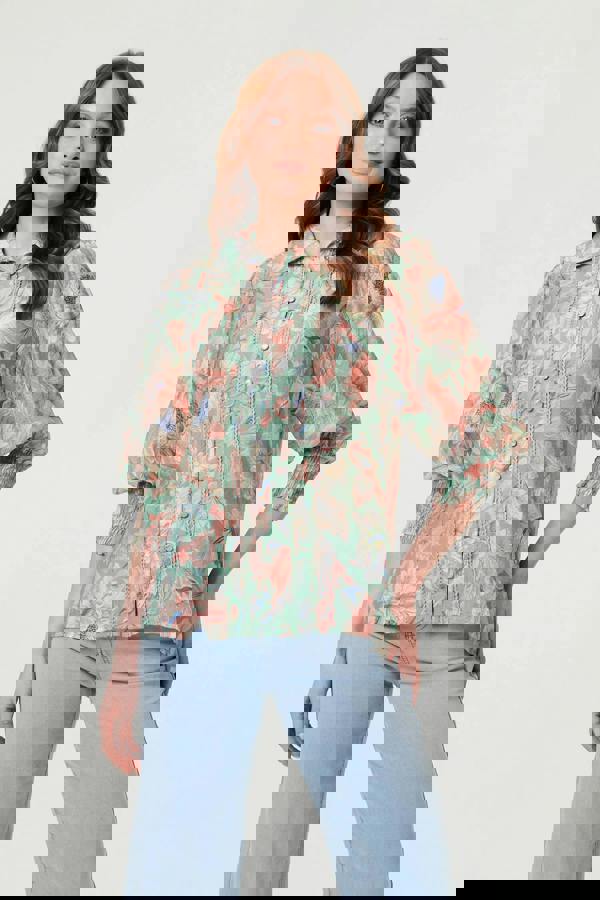 Green | Floral Lace Trim 3/4 Sleeve Shirt