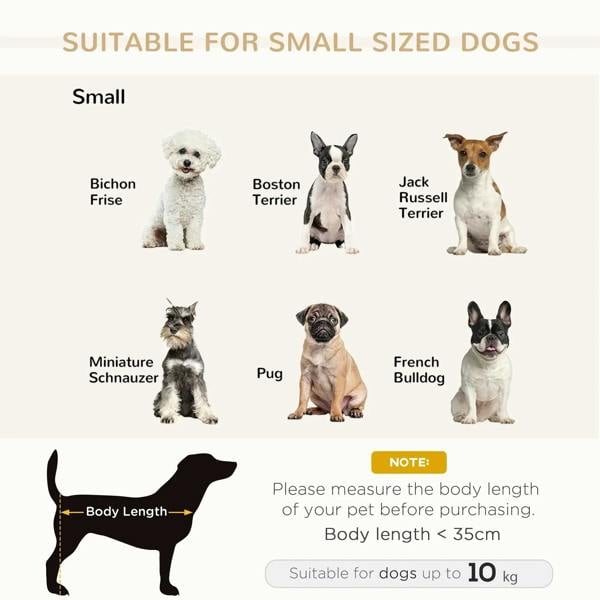 Pet sofa size guide for small dogs with body-length measuring note